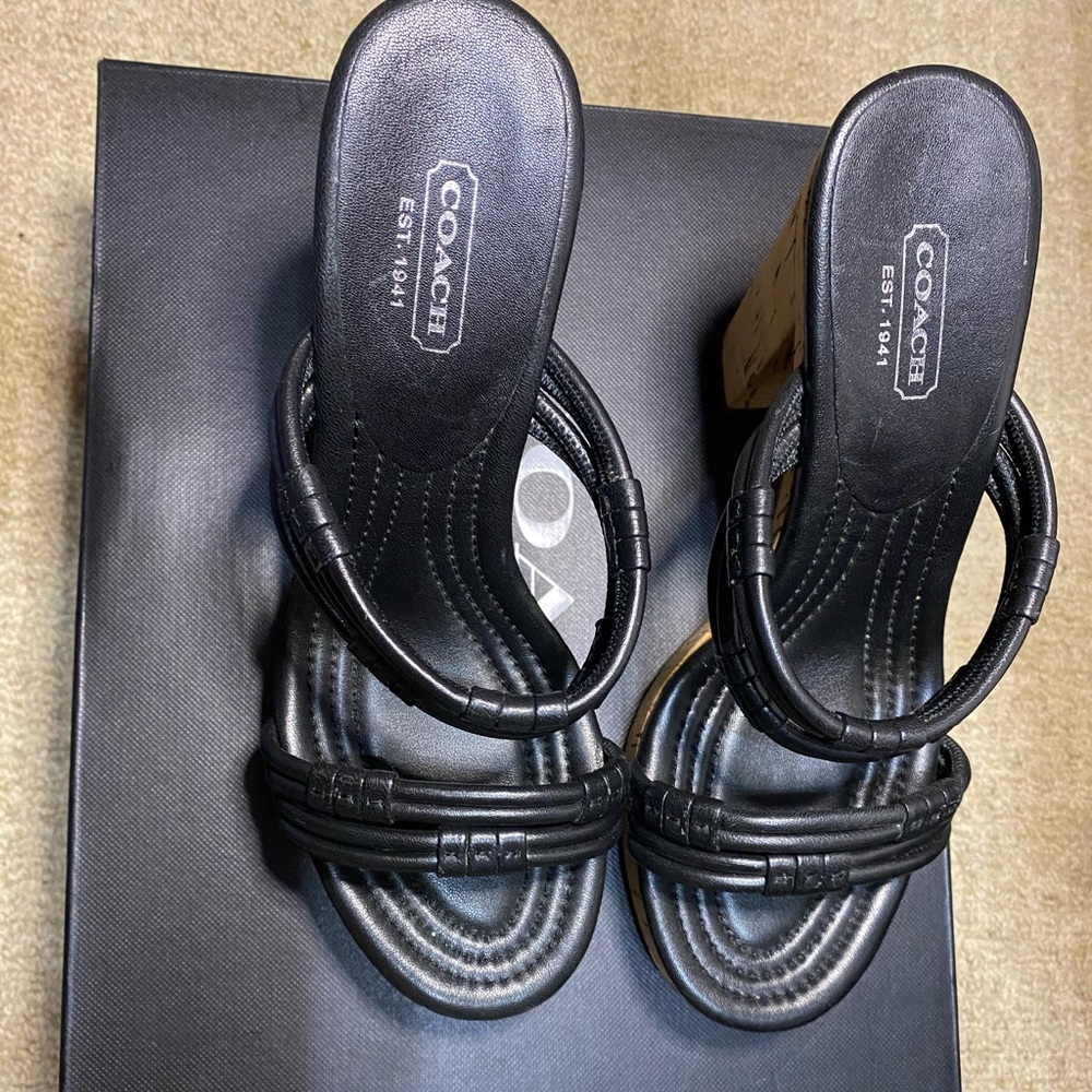 Coach Black Leather and Cork Slip On Sandals
